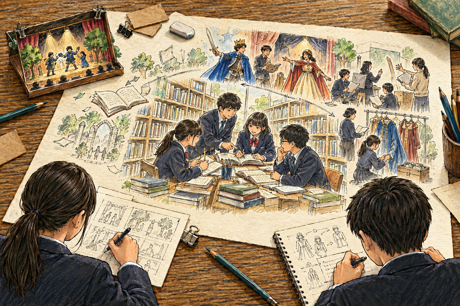 図書館で話し合い、脚本や絵コンテを書きながら舞台を創る中学生たちのイメージ画